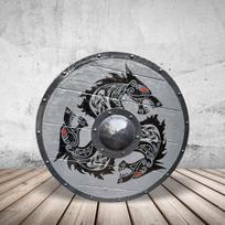 Viduramžiškas medinis vikingų skydas, drakono veidas, apvalus skydas, kario riterio vikingo, sienos dekoras gray