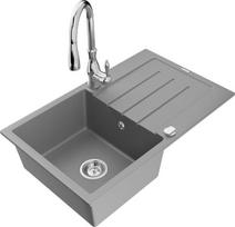 Granitinė virtuvinė plautuvė Mexen Bruno su maišytuvu ir sifonu, Grey/Chrome