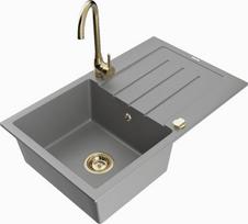 Granitinė virtuvinė plautuvė Mexen Bruno su maišytuvu ir sifonu, Grey/Gold