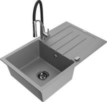 Granitinė virtuvinė plautuvė Mexen Bruno su maišytuvu ir sifonu, Grey/Black/Chrome