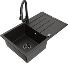 Granitinė virtuvinė plautuvė Mexen Bruno su maišytuvu ir sifonu, Metallic black/gold/Black