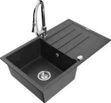 Granitinė virtuvinė plautuvė Mexen Bruno su maišytuvu ir sifonu, Black granite/Chrome