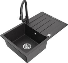 Granitinė virtuvinė plautuvė Mexen Bruno su maišytuvu ir sifonu, Black granite