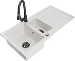 Granitinė virtuvinė plautuvė Mexen Andres su maišytuvu ir sifonu, White/Black