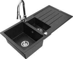 Granitinė virtuvinė plautuvė Mexen Andres su maišytuvu ir sifonu, Metallic black/silver/chrome