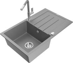 Granitinė virtuvinė plautuvė Mexen Bruno su maišytuvu ir sifonu, Grey/Grey/Chrome