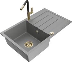 Granitinė virtuvinė plautuvė Mexen Bruno su maišytuvu ir sifonu, Grey/Black/Gold