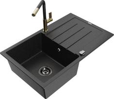 Granitinė virtuvinė plautuvė Mexen Bruno su maišytuvu ir sifonu, Metallic black/silver/black/gold
