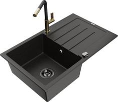 Granitinė virtuvinė plautuvė Mexen Bruno su maišytuvu ir sifonu, Metallic black/gold/black/gold