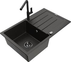 Granitinė virtuvinė plautuvė Mexen Bruno su maišytuvu ir sifonu, Metallic black/gold/Black