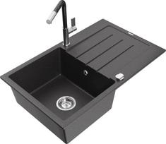 Granitinė virtuvinė plautuvė Mexen Bruno su maišytuvu ir sifonu, Black granite/Chrome