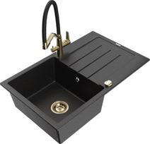 Granitinė virtuvinė plautuvė Mexen Bruno su maišytuvu ir sifonu, Metallic black/silver/black/gold