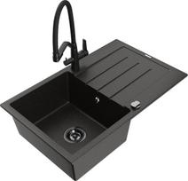 Granitinė virtuvinė plautuvė Mexen Bruno su maišytuvu ir sifonu, Metallic black/gold