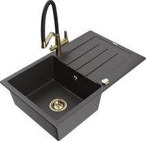 Granitinė virtuvinė plautuvė Mexen Bruno su maišytuvu ir sifonu, Black granite/Gold