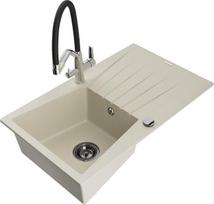 Granitinė virtuvinė plautuvė Mexen Cesar su maišytuvu ir sifonu, Beige/black/chrome