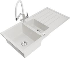 Granitinė virtuvinė plautuvė Mexen Andres su maišytuvu ir sifonu, White/Chrome
