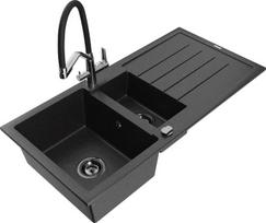Granitinė virtuvinė plautuvė Mexen Andres su maišytuvu ir sifonu, Metallic black/silver/black/chrome
