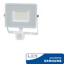 30W LED prožektorius V-TAC, 6400K (šaltai balta), su judesio davikliu, baltu korpusu, SAMSUNG LED chip