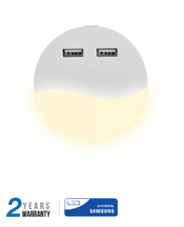 0.5W naktinis šviestuvas V-TAC, 3000K (šiltai balta) su 2xUSB lizdais, apvalus, SAMSUNG LED chip