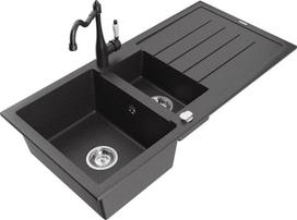 Granitinė virtuvinė plautuvė Mexen Andres su maišytuvu ir sifonu, Black granite
