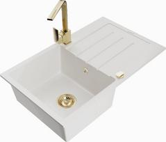 Granitinė virtuvinė plautuvė Mexen Bruno su maišytuvu ir sifonu, White/Gold