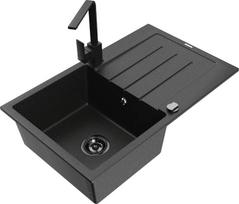 Granitinė virtuvinė plautuvė Mexen Bruno su maišytuvu ir sifonu, Metallic black/silver/black
