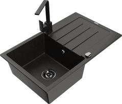 Granitinė virtuvinė plautuvė Mexen Bruno su maišytuvu ir sifonu, Metallic black/gold/black