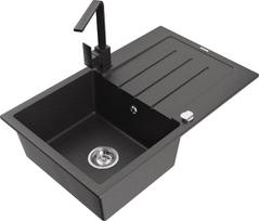 Granitinė virtuvinė plautuvė Mexen Bruno su maišytuvu ir sifonu, Black granite