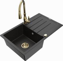 Granitinė virtuvinė plautuvė Mexen Bruno su maišytuvu ir sifonu, Metallic black/silver/gold