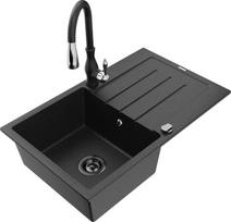 Granitinė virtuvinė plautuvė Mexen Bruno su maišytuvu ir sifonu, Metallic black/silver/black