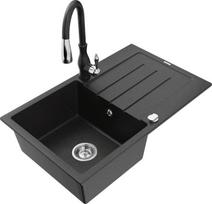Granitinė virtuvinė plautuvė Mexen Bruno su maišytuvu ir sifonu, Metallic black/silver/black