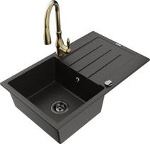 Granitinė virtuvinė plautuvė Mexen Bruno su maišytuvu ir sifonu, Metallic black/gold