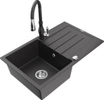 Granitinė virtuvinė plautuvė Mexen Bruno su maišytuvu ir sifonu, Black granite