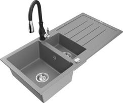 Granitinė virtuvinė plautuvė Mexen Andres su maišytuvu ir sifonu, Grey/Black
