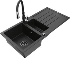 Granitinė virtuvinė plautuvė Mexen Andres su maišytuvu ir sifonu, Metallic black/silver/black