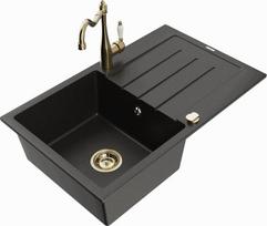 Granitinė virtuvinė plautuvė Mexen Bruno su maišytuvu ir sifonu, Metallic black/gold/chrome