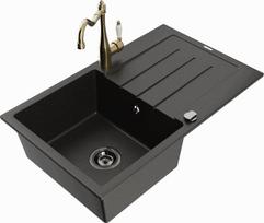 Granitinė virtuvinė plautuvė Mexen Bruno su maišytuvu ir sifonu, Metallic black/gold