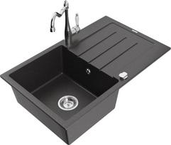 Granitinė virtuvinė plautuvė Mexen Bruno su maišytuvu ir sifonu, Black granite/Chrome