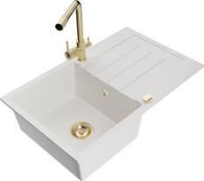 Granitinė virtuvinė plautuvė Mexen Bruno su maišytuvu ir sifonu, White/Gold