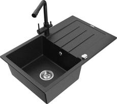 Granitinė virtuvinė plautuvė Mexen Bruno su maišytuvu ir sifonu, Metallic black/sliver/black