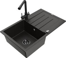 Granitinė virtuvinė plautuvė Mexen Bruno su maišytuvu ir sifonu, Metallic black/gold/black