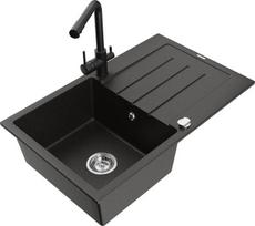 Granitinė virtuvinė plautuvė Mexen Bruno su maišytuvu ir sifonu, Metallic black/gold/black
