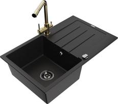 Granitinė virtuvinė plautuvė Mexen Bruno su maišytuvu ir sifonu, Black/Gold
