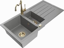 Granitinė virtuvinė plautuvė Mexen Andres su maišytuvu ir sifonu, Grey/Gold
