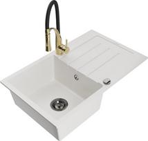 Granitinė virtuvinė plautuvė Mexen Bruno su maišytuvu ir sifonu, White/Black/Gold
