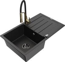 Granitinė virtuvinė plautuvė Mexen Bruno su maišytuvu ir sifonu, Metallic black/silver/black/gold