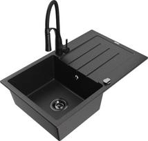 Granitinė virtuvinė plautuvė Mexen Bruno su maišytuvu ir sifonu, Metallic black/silver/black