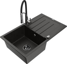 Granitinė virtuvinė plautuvė Mexen Bruno su maišytuvu ir sifonu, Metallic black/gold/black/chrome