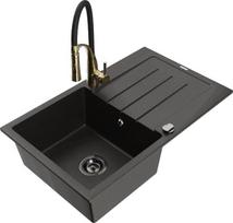 Granitinė virtuvinė plautuvė Mexen Bruno su maišytuvu ir sifonu, Metallic black/gold/black/gold