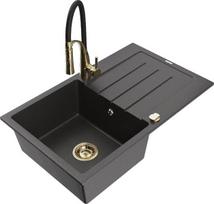 Granitinė virtuvinė plautuvė Mexen Bruno su maišytuvu ir sifonu, Black granite/Black/Gold